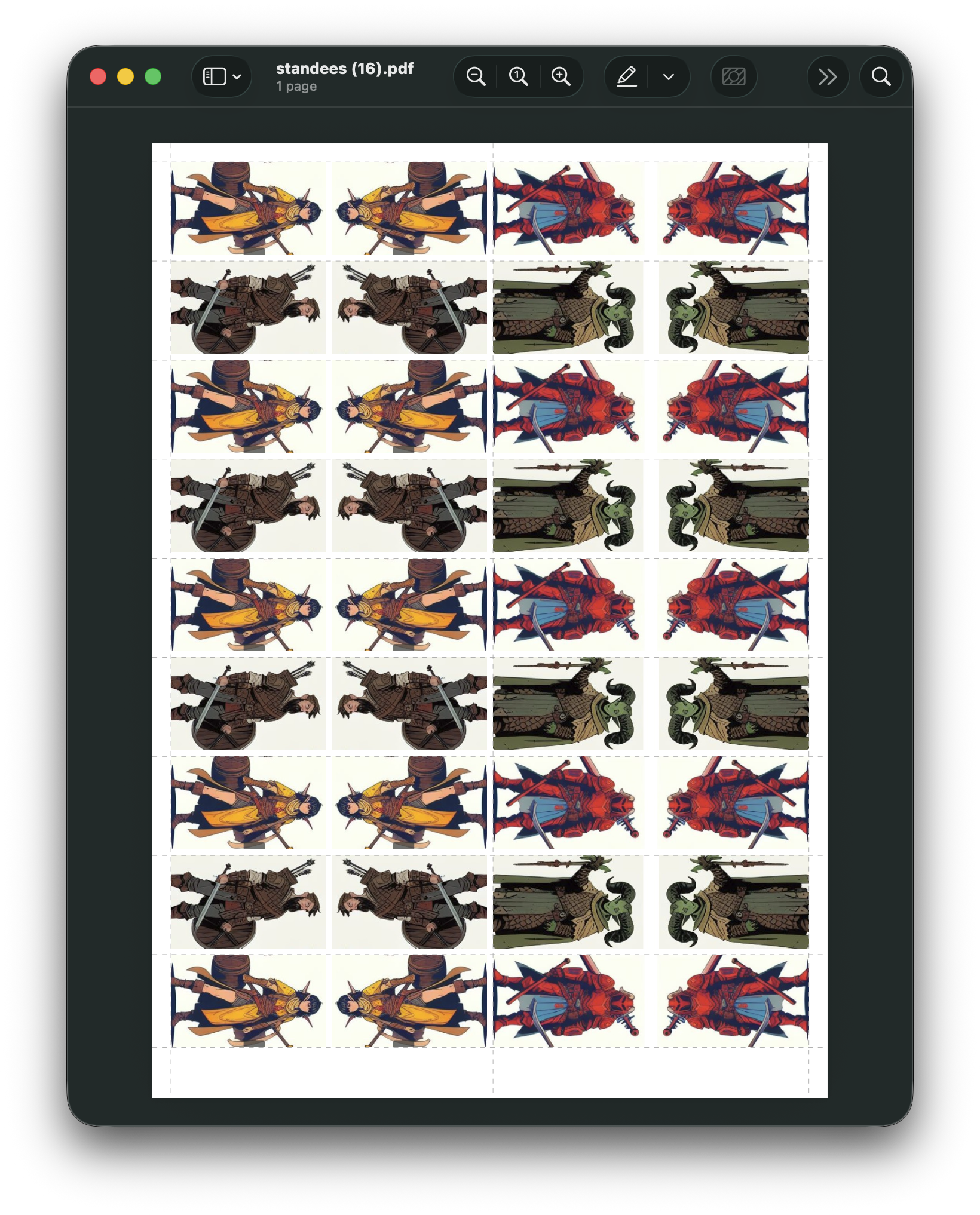 A generated PDF open in macOS Preview, showing a full page of standees laid out in a grid with dashed cut guides between them.