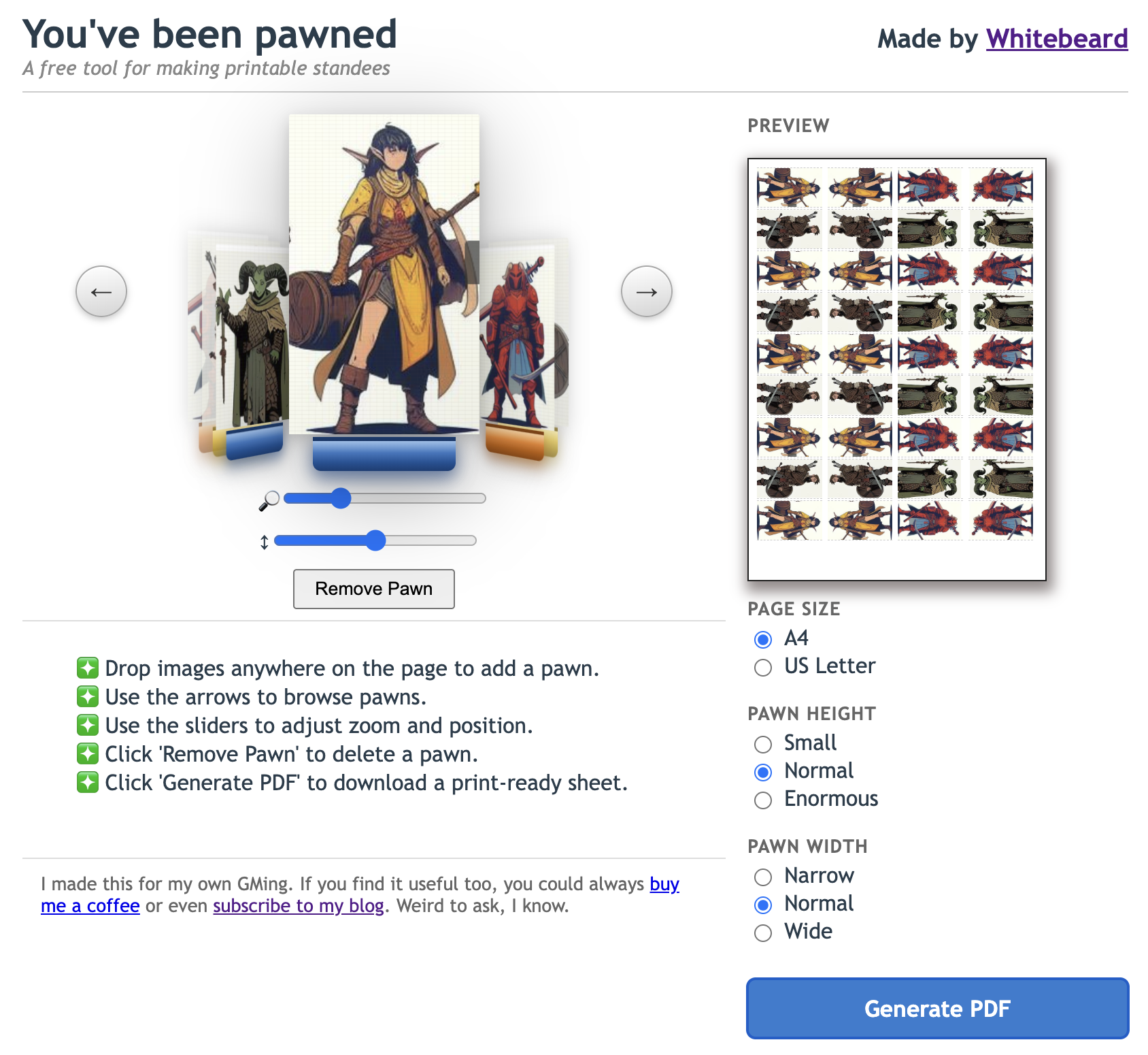The You&rsquo;ve Been Pawned interface showing a coverflow carousel with three fantasy character standees, each mounted on a coloured plastic base. A print preview and controls for page size, pawn height, and pawn width are visible on the right.