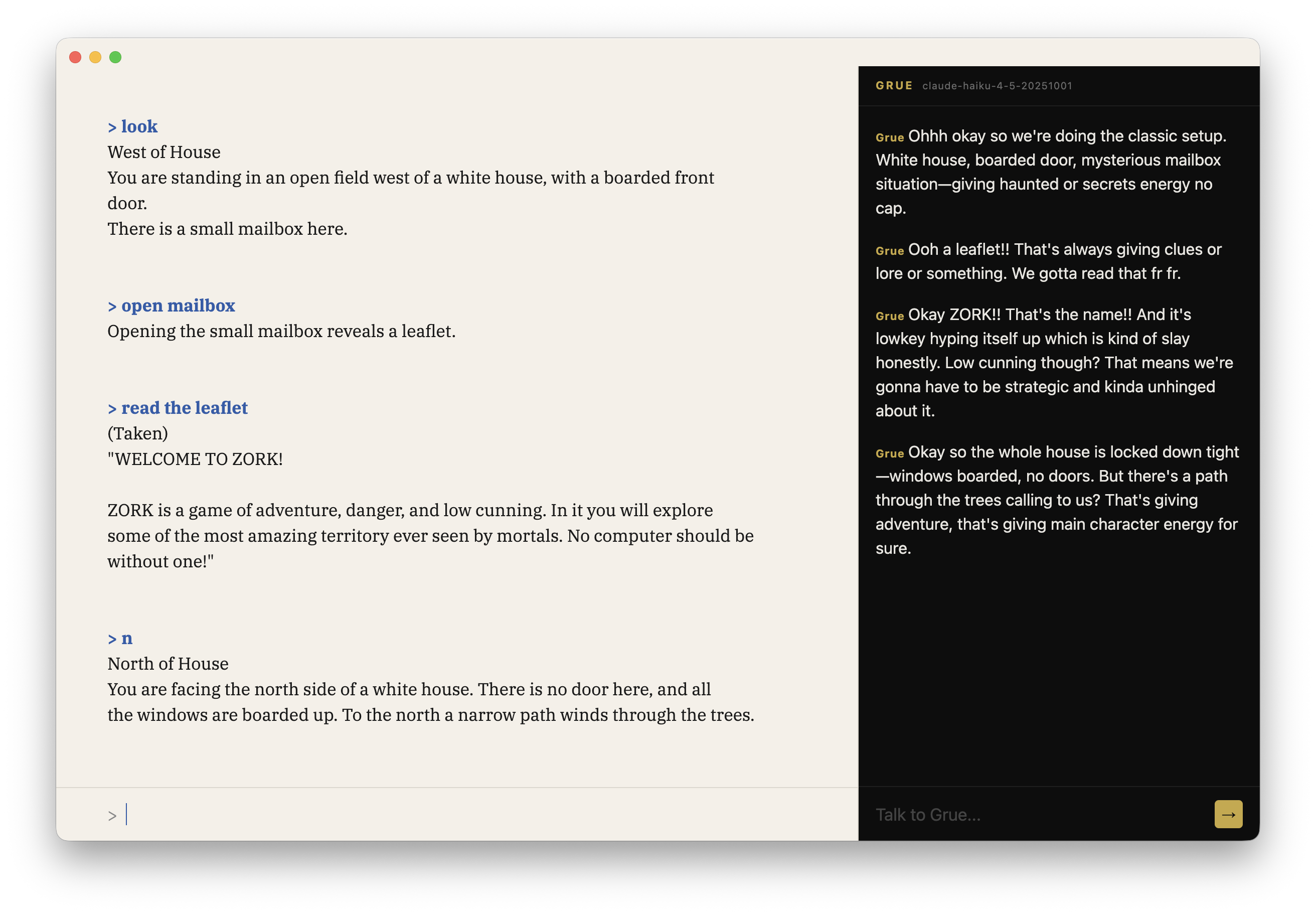 if-pal in action — Zork on the left, an enthusiastic AI companion reacting on the right