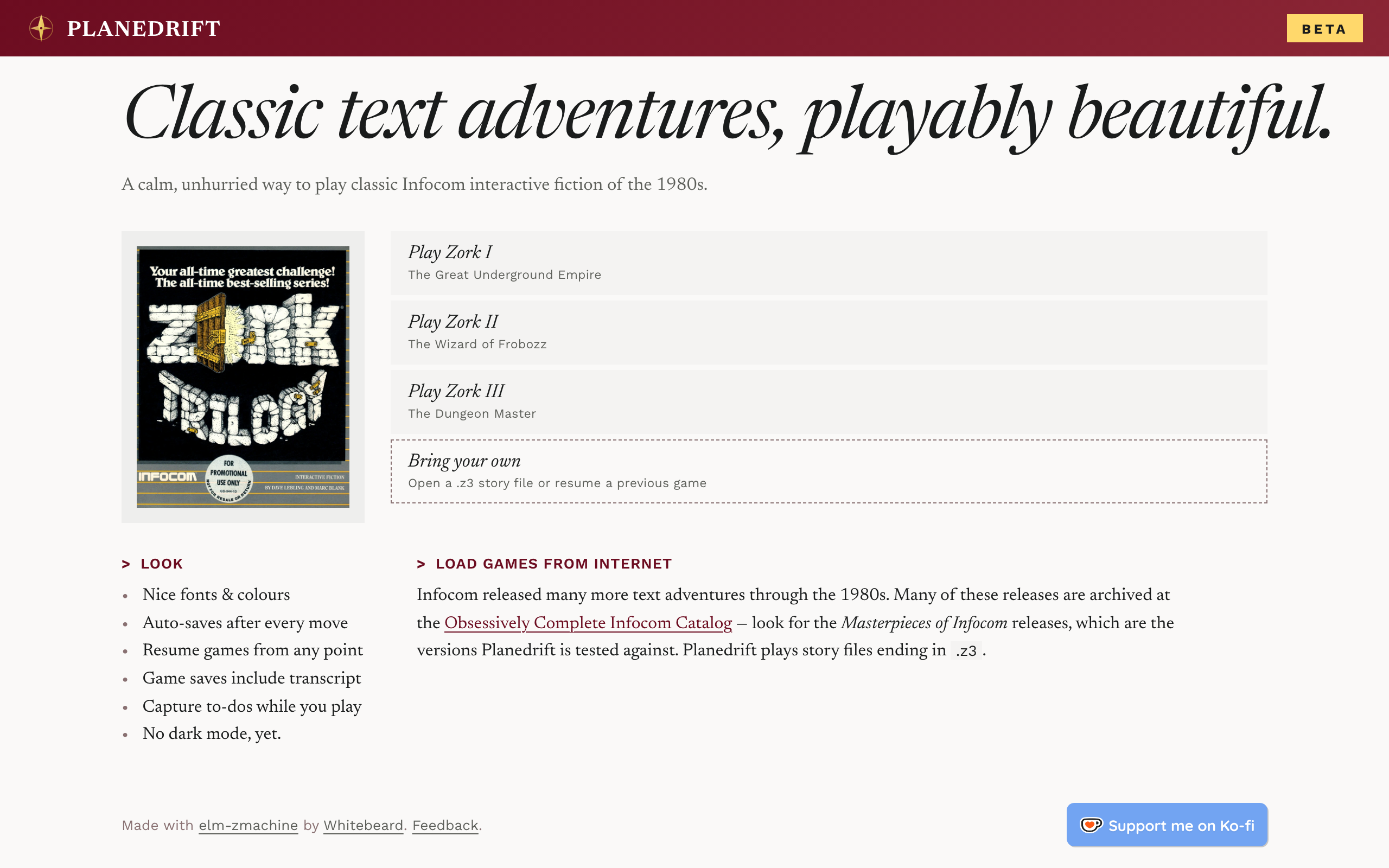 The Planedrift homepage — Classic text adventures, playably beautiful