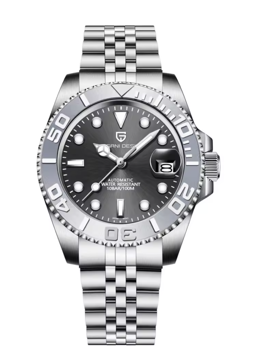 A mechanical diving watch with a black dial and rotating bezel