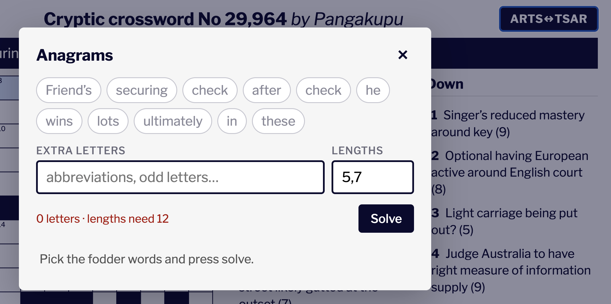 The anagram panel over a Guardian cryptic grid: the clue broken into clickable word pills, a field for extra letters, a lengths field reading 5,7, and a Solve button.