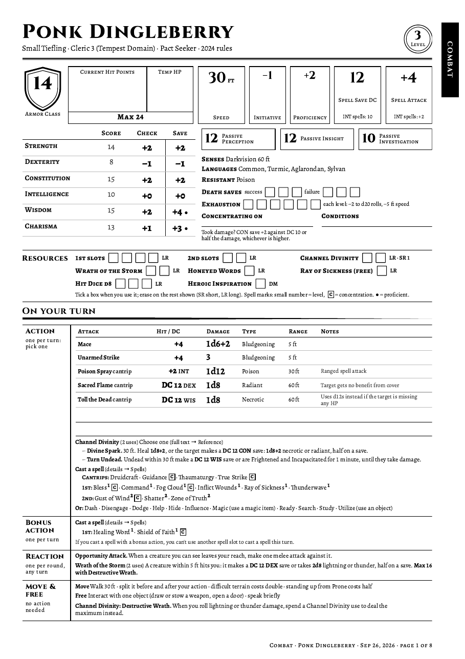 Page one of the Chaney PDF for Ponk Dingleberry: headline numbers across the top, a row of tick-box resources, and an 'On your turn' section split into action, bonus action, reaction and movement, with final hit and DC numbers printed next to each attack and spell.