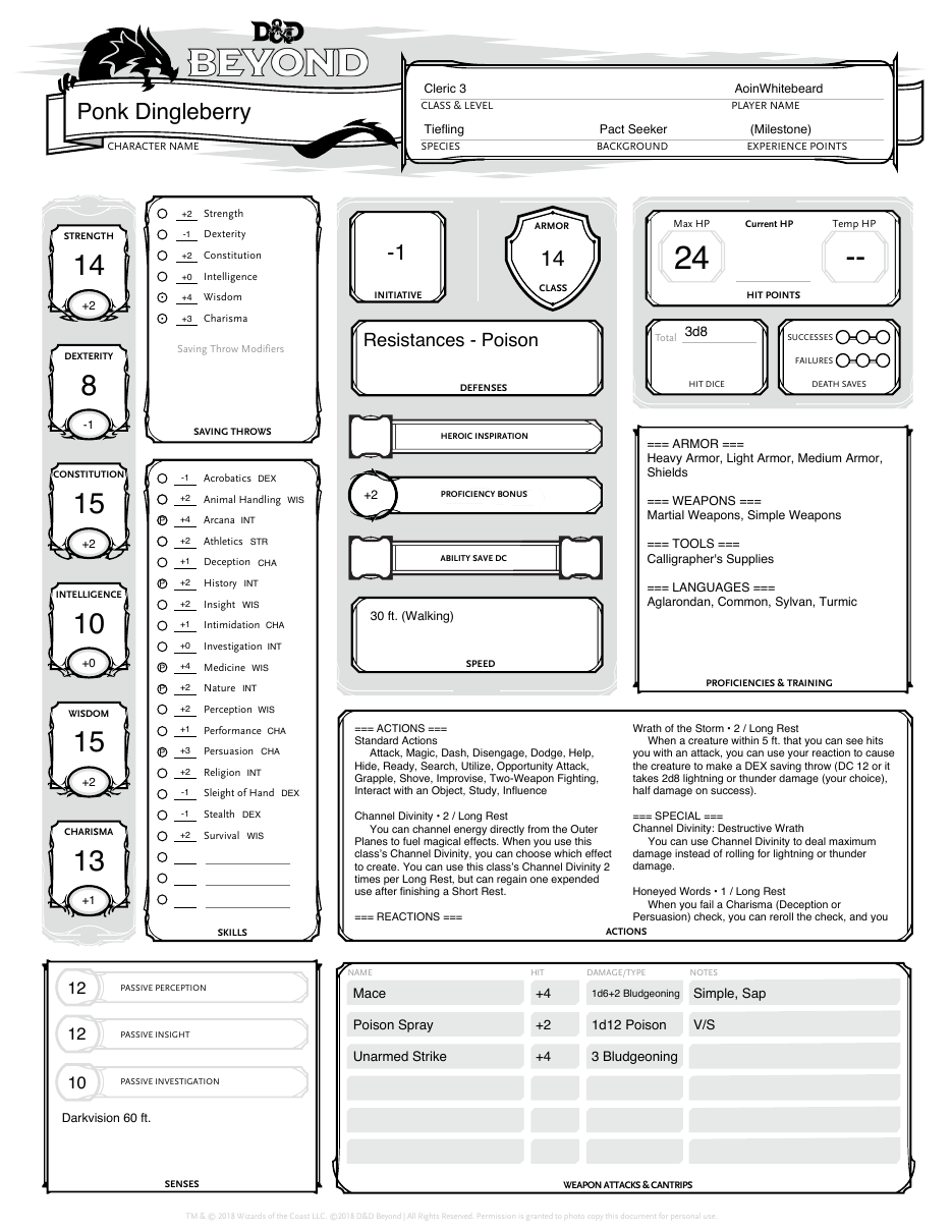 Page one of the D&D Beyond PDF for Ponk Dingleberry: the classic character sheet layout, with ability scores down the left, a column of skills, and actions squeezed into a small text box.